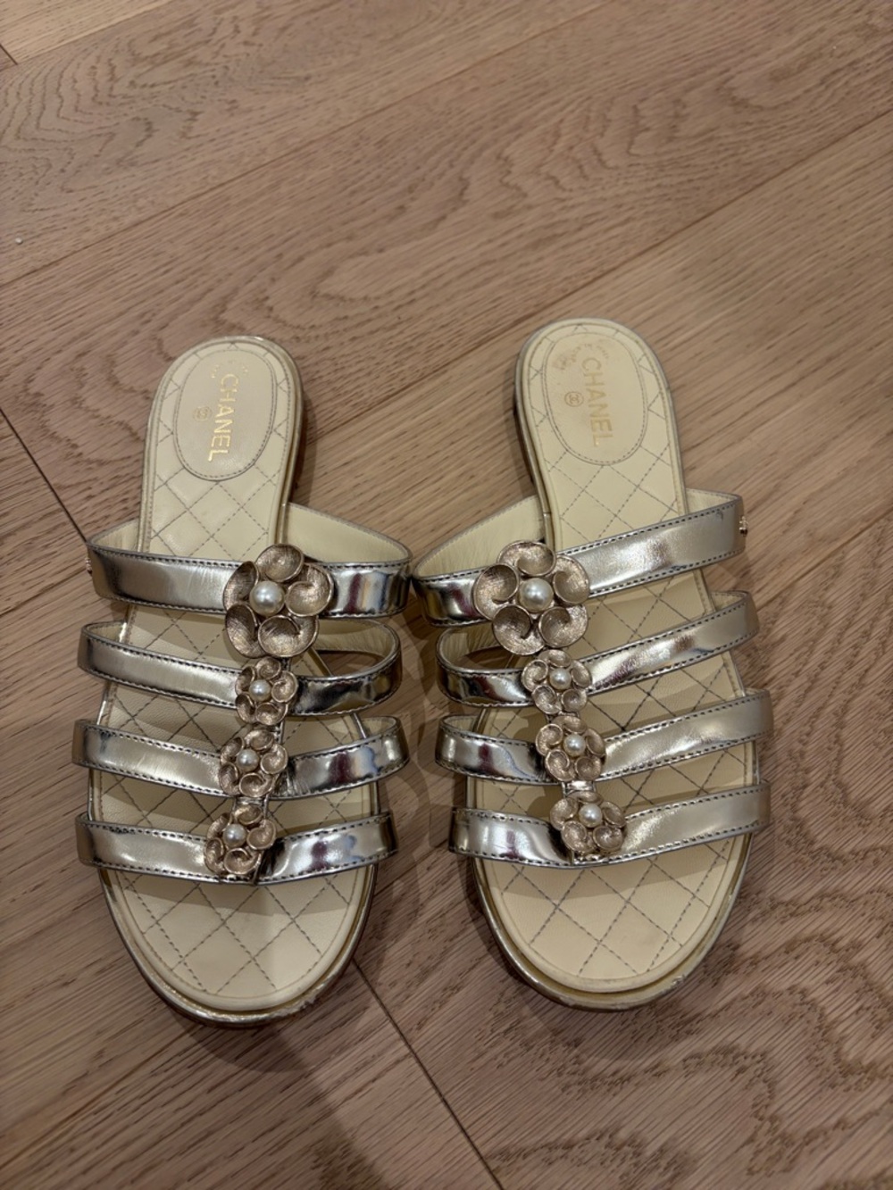 CHANEL Metallic Gold Camellia Multi-Strap Slide Sandals